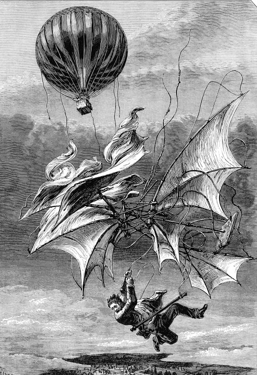 Wood engraving by Auguste Trichon. A terrified man is falling through the sky, desperately clinging to a tangled winged apparatus as the hot-air balloon from which his flying attempt was launched can be seen hovering above.