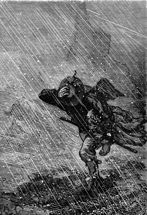 Engraved by Charles Barbant. A man wearing a hat and carrying a canvas cover rolled up under his arm walks against the wind in a hail storm.