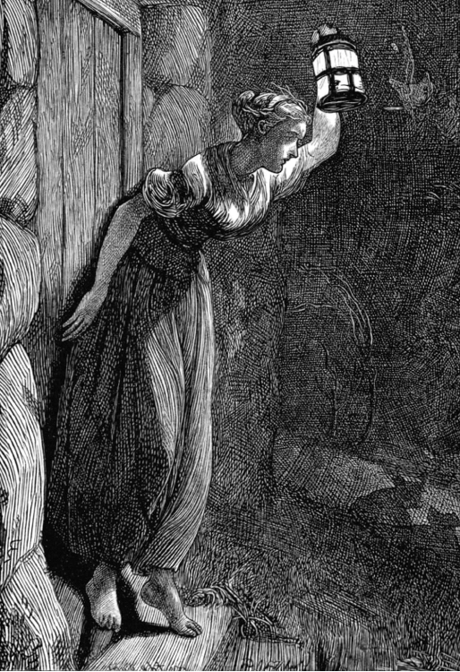 “Wood engraving by Arthur Boyd Houghton from North coast, and other poems. A young woman stands on a doorstep with her back to the door and holds up a lantern in front of her to peer into the night.”