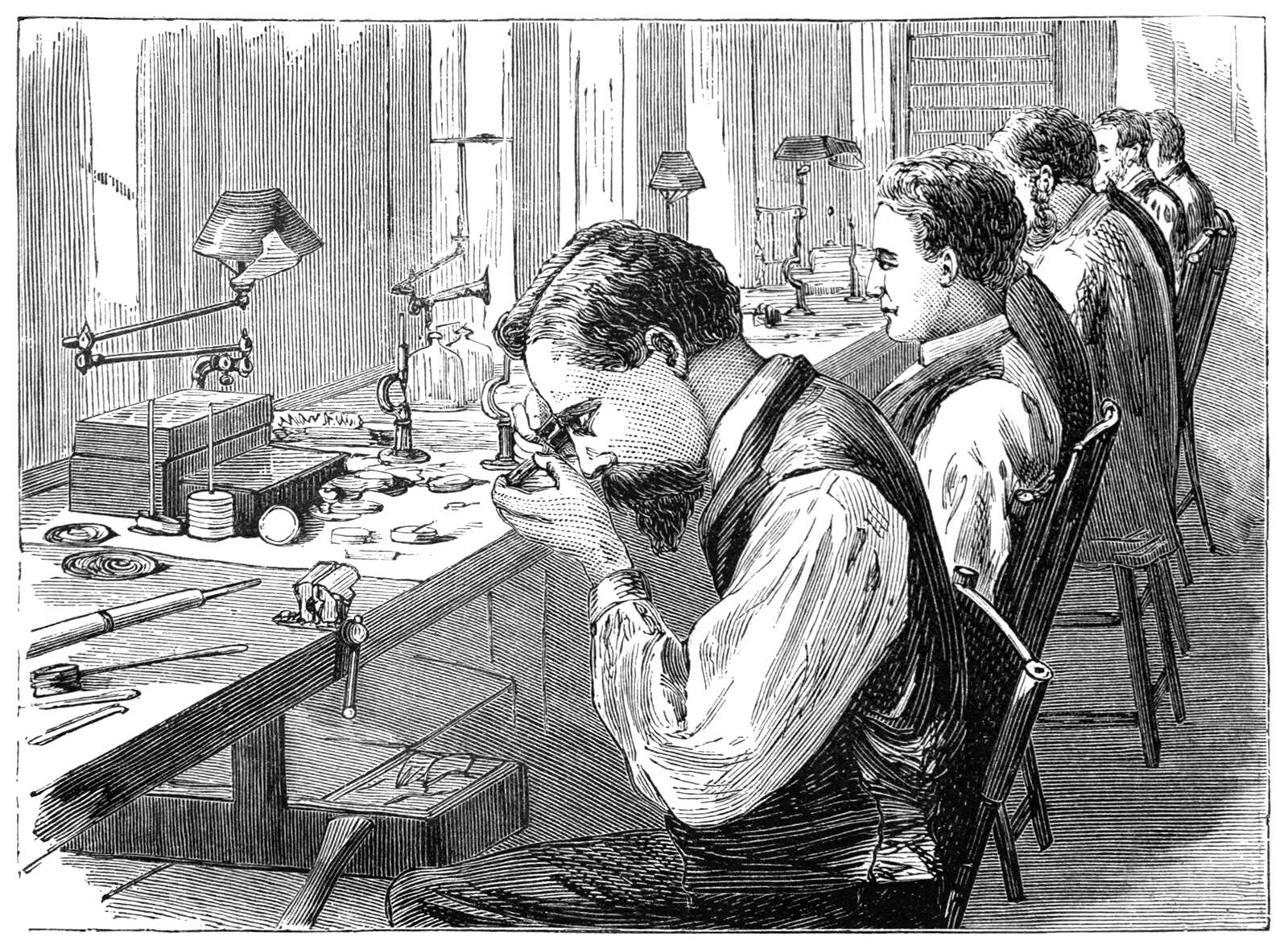 An illustration of a man looking at a watch being built
