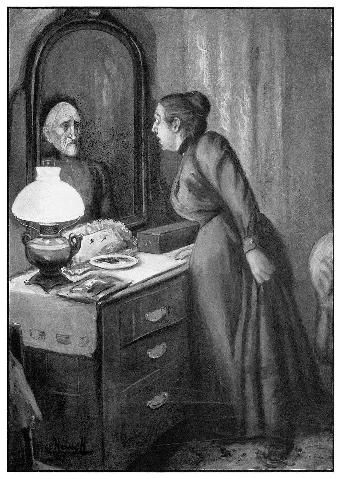 A woman looks into a mirror to see a ghostly face look back
