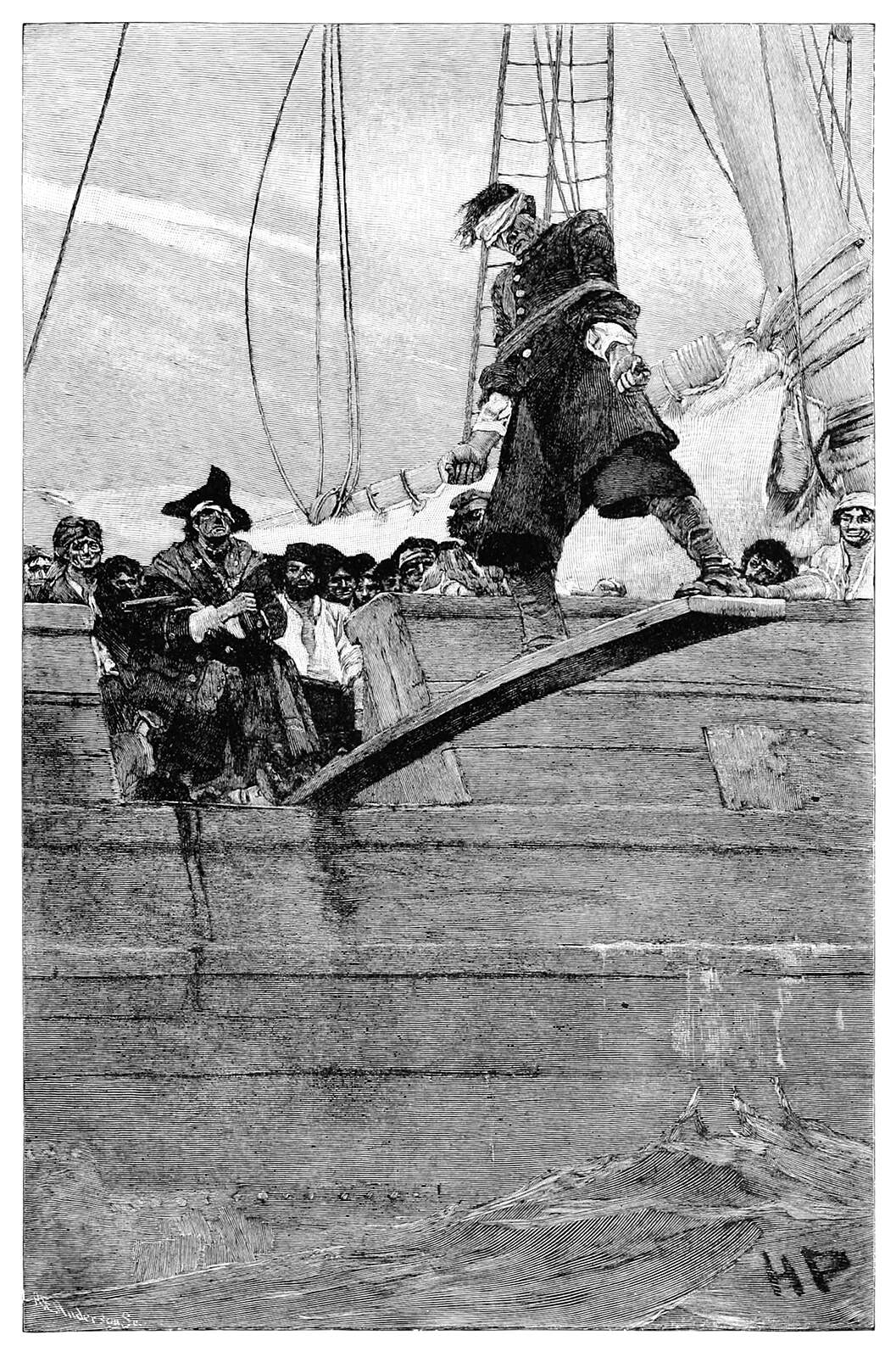 A man is pushed off a gangplank