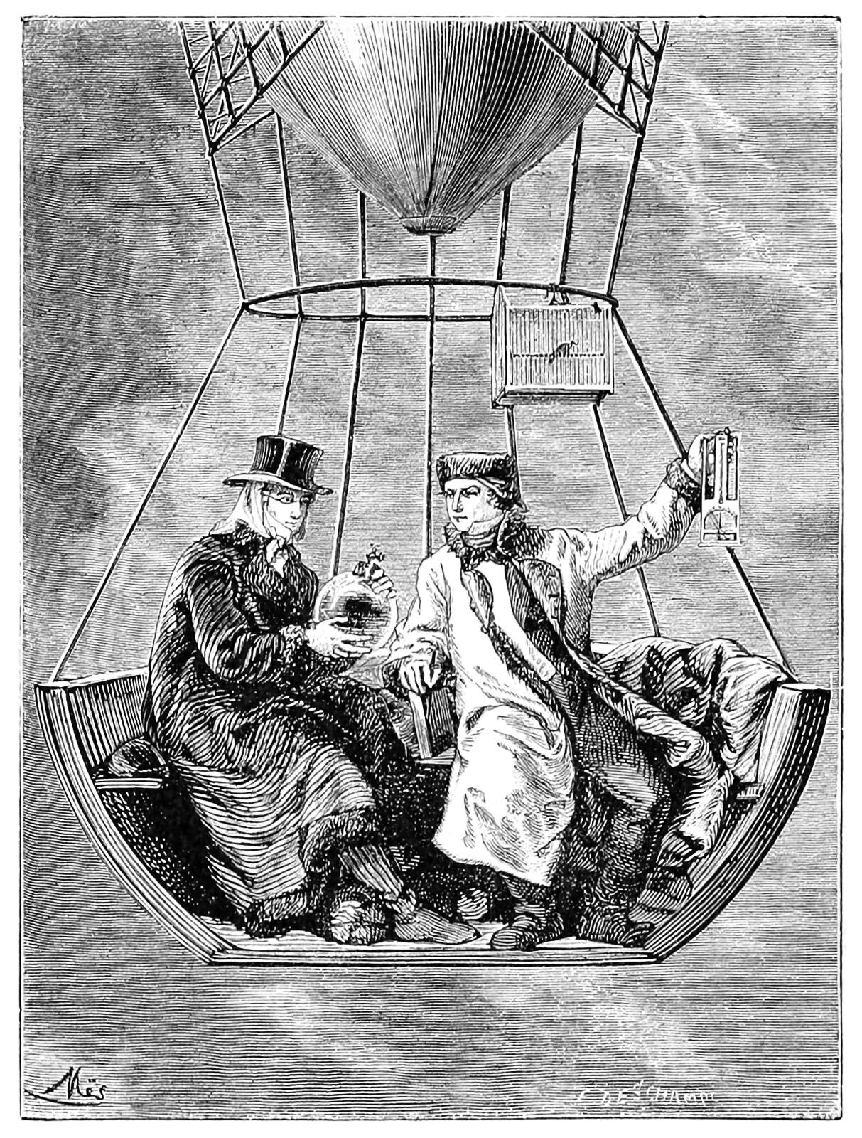 Two men float in a balloon