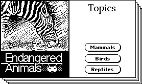 The old HyperCard interface showing an app about endangered animals. A big zebra looks off to the right.