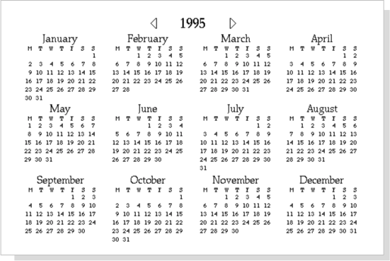 A calendar showing the year 1995 at the top
